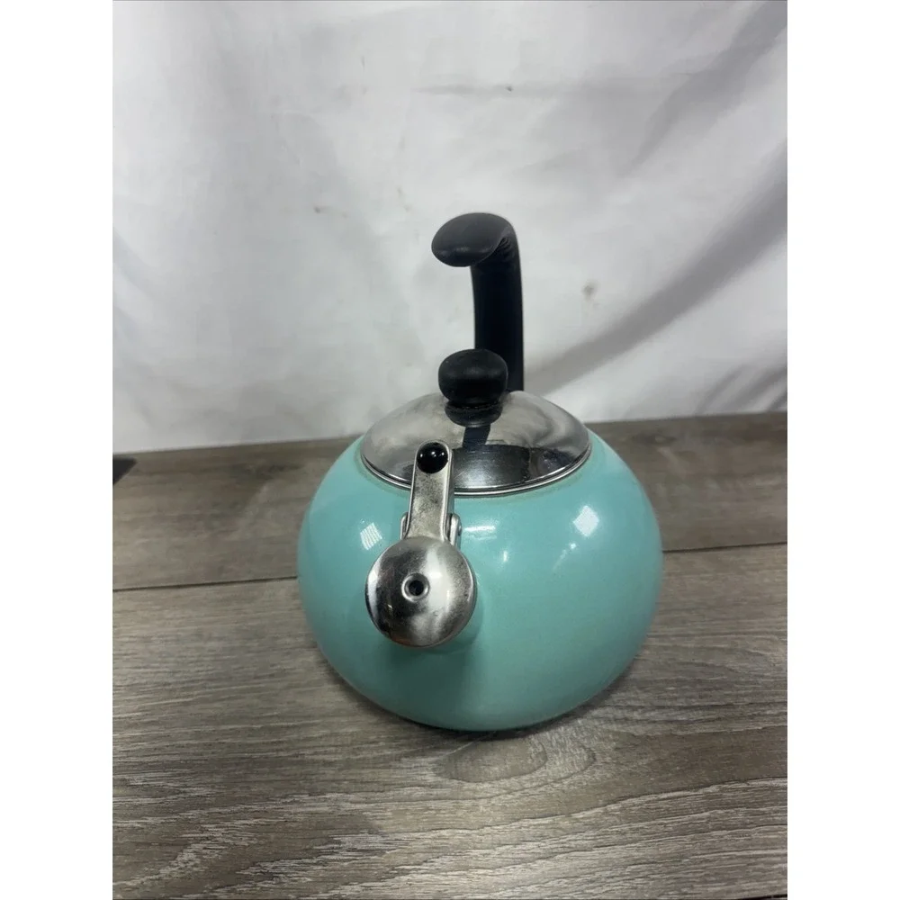 Farberware Luna Whistling Tea Pot Kettle 2.5 qt Aqua Enamel on Steel